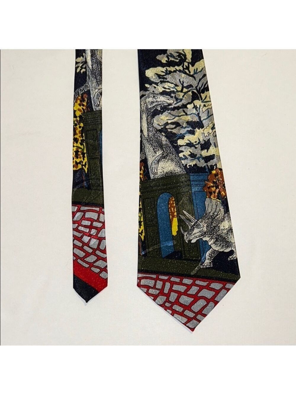 Duomo Milano handmade Men's Patterned Tie,Dinosaur dragon print. Multicolor